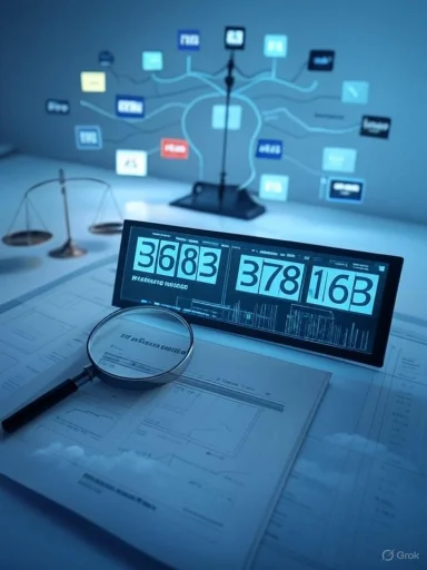 Magnifying glass over blueprints with a digital counter and flowchart backdrop.