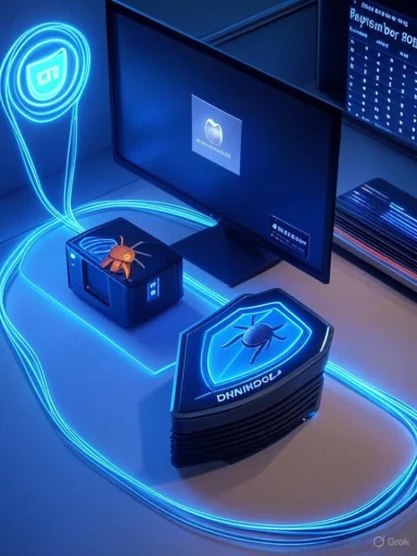 Futuristic cyber-security setup with glowing blue cables and a spider-emblem device. Futuristic cyber-security setup with glowing blue cables and a spider-emblem device.
