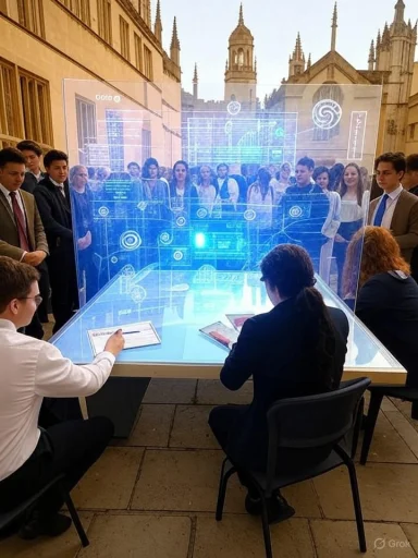 Students gather around a glowing blue holographic display projected on a glass table.