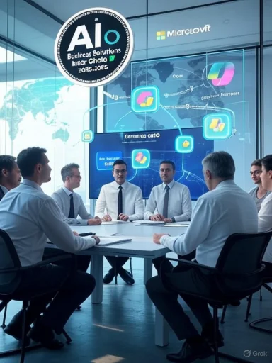 A team of professionals discusses holographic data displays in a glass-walled conference room.