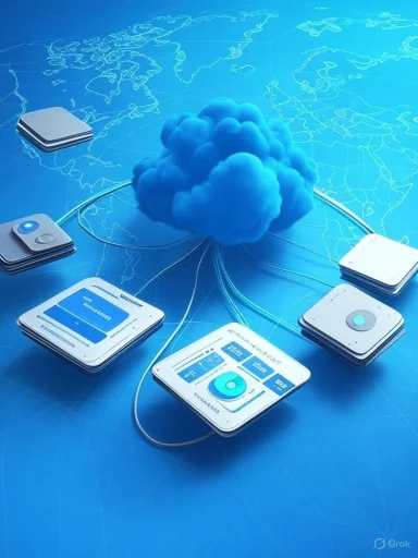 Cloud computing hub links multiple devices across a world map.
