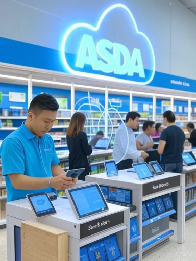 Shoppers at ASDA use self-checkout tills under a blue neon cloud sign.
