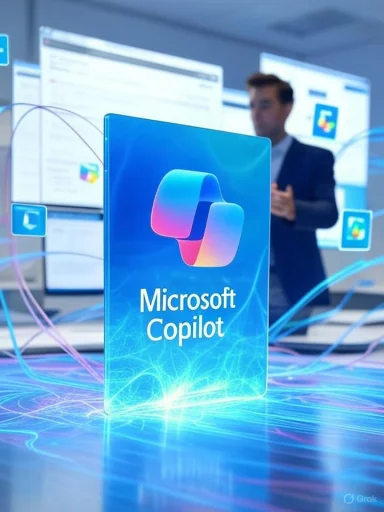 A glowing Microsoft Copilot display with neon light trails at a tech presentation.