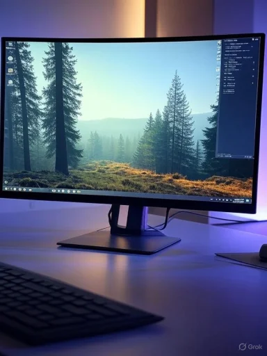 Curved monitor on a desk displays a forest wallpaper with purple ambient lighting.