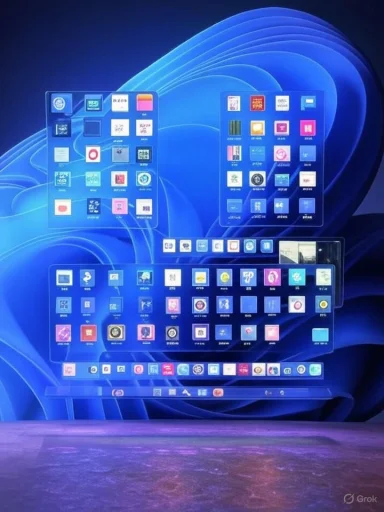 A futuristic blue desktop with floating, transparent panels and colorful app icons.