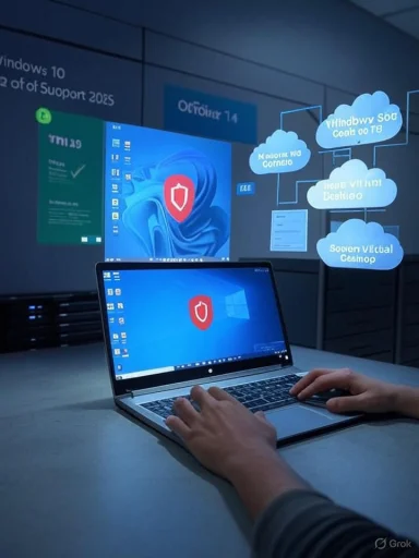 A person uses a laptop in a tech lab with cloud icons and a shield emblem on the screen.