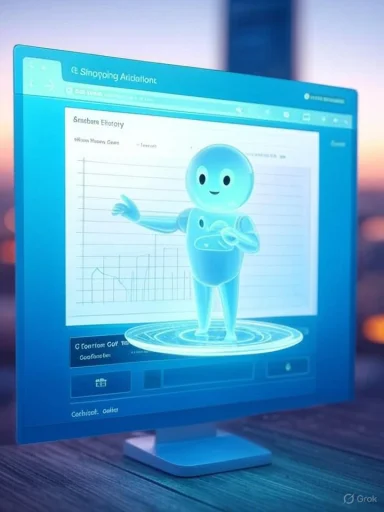 A blue holographic robot projection displays charts on a computer monitor.