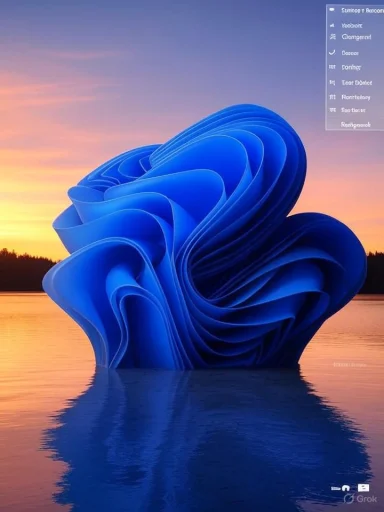 A giant blue abstract sculpture floats on calm sunset water.