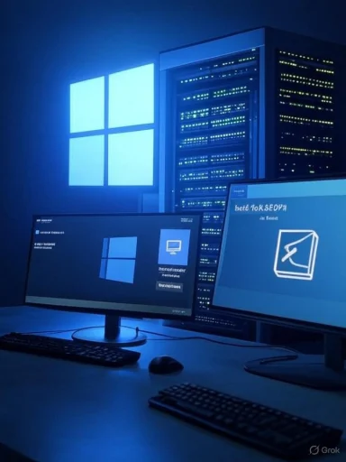 Dim blue-lit data center with two monitors on a desk and glowing server racks in the background.