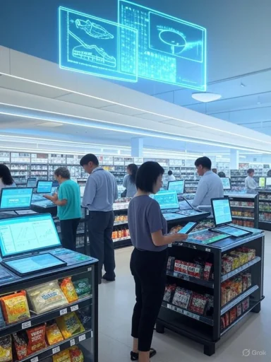 Shoppers use touchscreen kiosks at a high-tech grocery store.