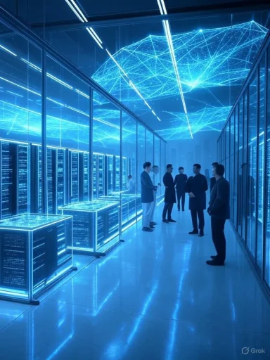 A futuristic data center with glowing blue holographic lights above glass server racks and people conversing.