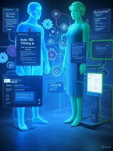 Two glowing humanoid figures stand among floating screens and gears in a futuristic lab.