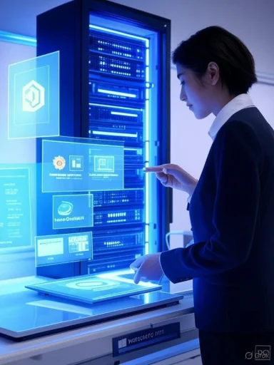 A businesswoman uses holographic screens to manage servers in a high-tech data center.