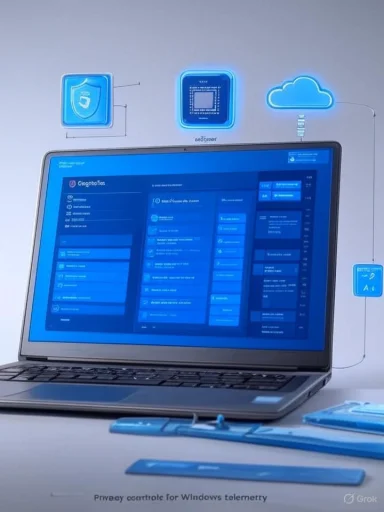 A laptop shows a blue dashboard with floating holographic icons: shield, chip, and cloud.