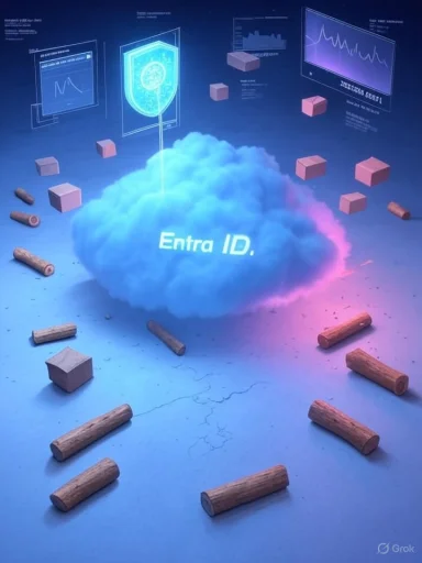Blue cloud labeled 'Entra ID' sits amid holographic UIs and scattered wooden blocks.