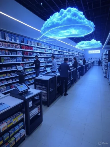 Shoppers browse a long aisle beneath glowing blue cloud ceiling art.