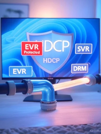 Monitor displays an HDCP shield with EVR, DCP, SVR, DRM icons as blue glow pipes pass through.