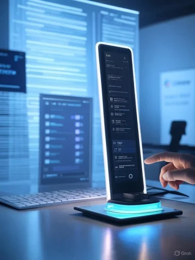 A high-tech workspace featuring a vertical touchscreen dock glowing with blue light beside a laptop.