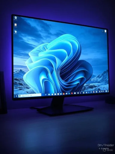 A large curved monitor glows with blue abstract wallpaper and purple ambient lighting.