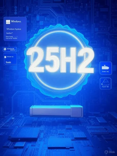 Futuristic blue tech scene with a glowing Windows 25H2 update badge.