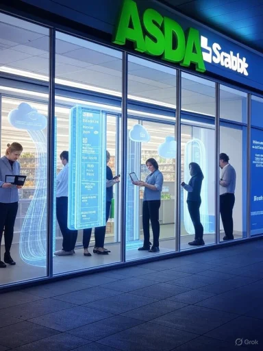 Shoppers in a glass-front ASDA store interact with blue holographic digital displays.
