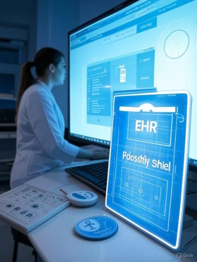 A medical professional uses a large touch screen to view the electronic health record (EHR).