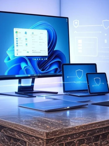 A multi-device workstation with a large monitor and laptops/tablets displaying shield icons.