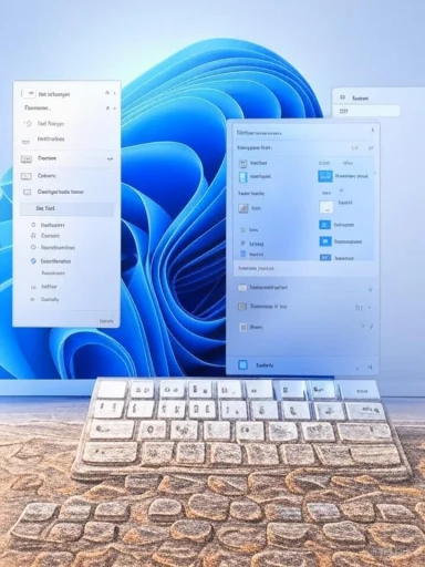 A stone-textured keyboard rests on a rocky surface with Windows 11 UI panels in the background.