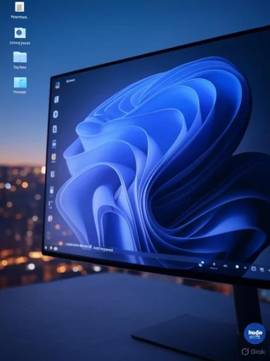 A sleek monitor on a desk displays a blue abstract wallpaper with city lights outside.
