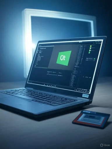 Open laptop on a desk displaying a dark software UI with a green square logo, illuminated by blue light.