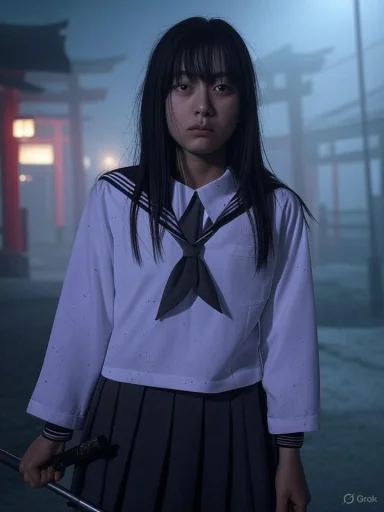 A schoolgirl in a sailor uniform stands in a foggy, torii-lit street, gripping a sword.
