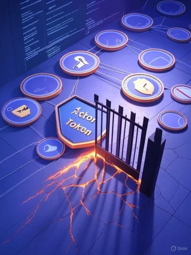 A network of circular crypto tokens labeled 'Actor Token' connected by lines, with a cracked barrier beneath.