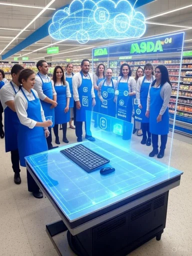 Store staff in blue aprons stand around a glowing holographic computer desk in a supermarket.