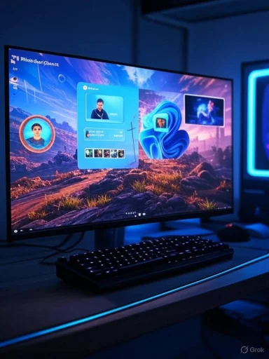 Curved monitor with blue-lit gaming setup and backlit keyboard on a desk.