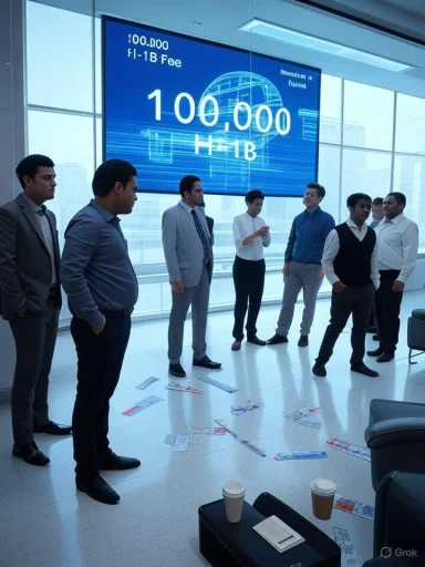 Business professionals stand in a bright office as a large screen shows 100,000 H-1B fee.