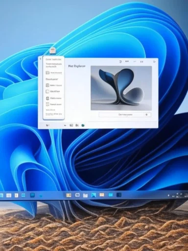 Windows 11 desktop with a floating window over a blue abstract wallpaper.