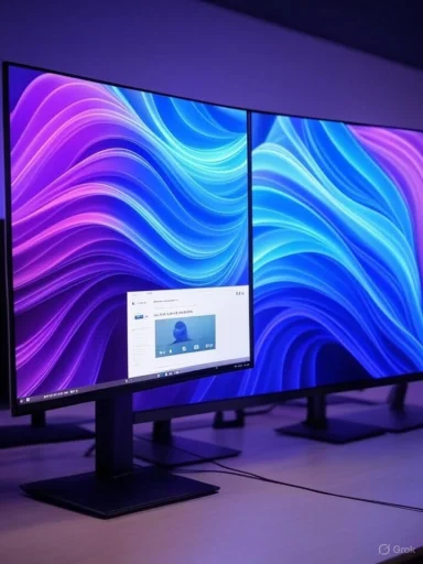 Two side-by-side monitors display a purple-blue wave wallpaper.