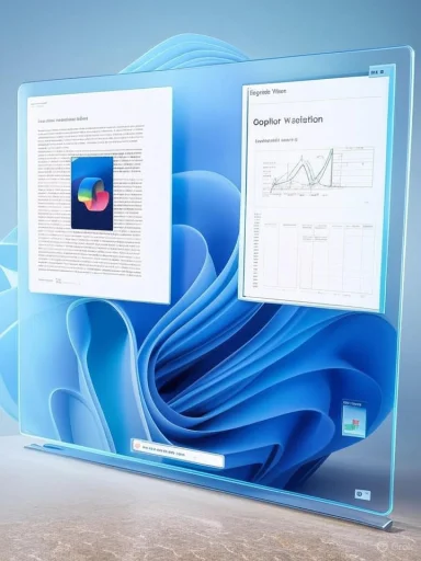 A futuristic transparent curved monitor displays two documents and a chart on a blue abstract background.