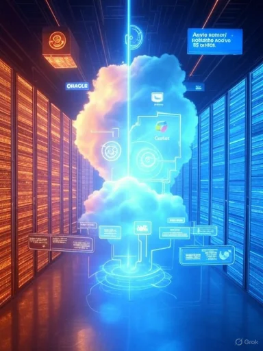 A glowing holographic cloud floats between orange and blue server racks in a high-tech data center.