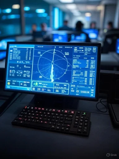 Blue-lit high-tech control room with a radar-style monitor and data screens.