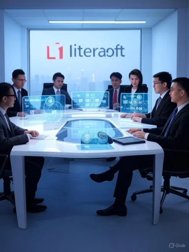 Executives sit around a white, oval conference table with holographic screens in a futuristic meeting room.