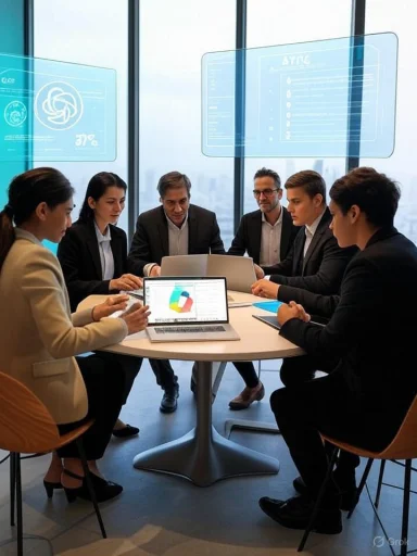 Six professionals in a modern boardroom collaborate around laptops with holographic displays.