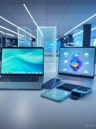 A sleek workspace with two laptops and several smartphones and a smartwatch on a glass desk.