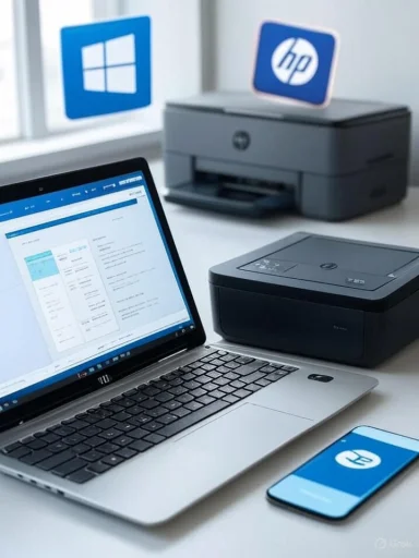 A laptop, HP printer, and smartphone sit on a clean desk with Windows and HP logos.