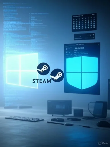 Blue-toned workstation featuring Steam logos and a Windows shield on the display wall.