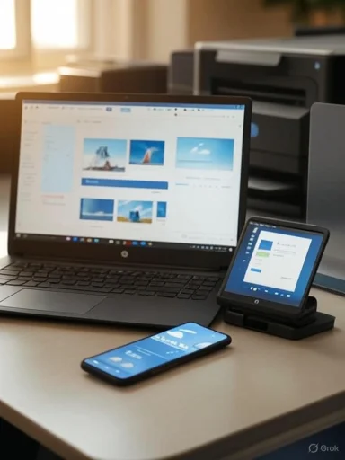 A laptop with a tablet on a stand and a smartphone on a desk in a sunlit office.