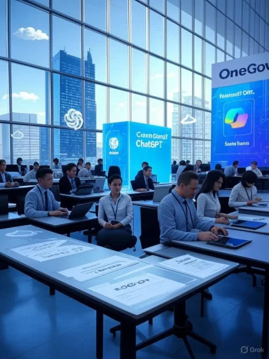 Professionals sit at desks with laptops in a glass-walled, blue-lit conference hall.