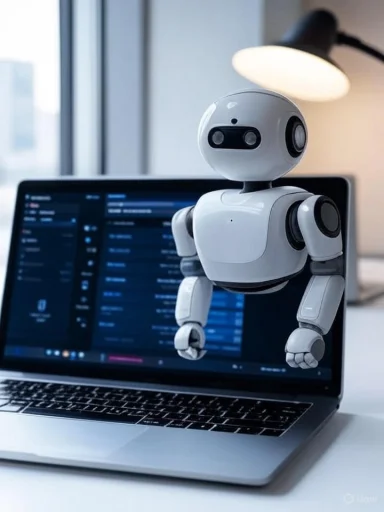 A white robot perched on a laptop screen in a modern workspace.