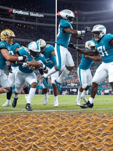 Jacksonville Jaguars celebrate a touchdown as players leap in the end zone at EverBank Stadium.