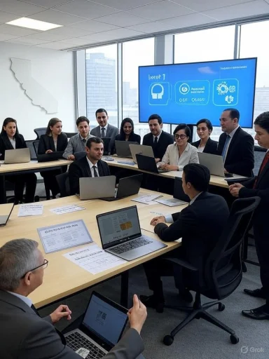 A diverse group of professionals in a boardroom, collaborating with laptops as a presentation plays on screen.